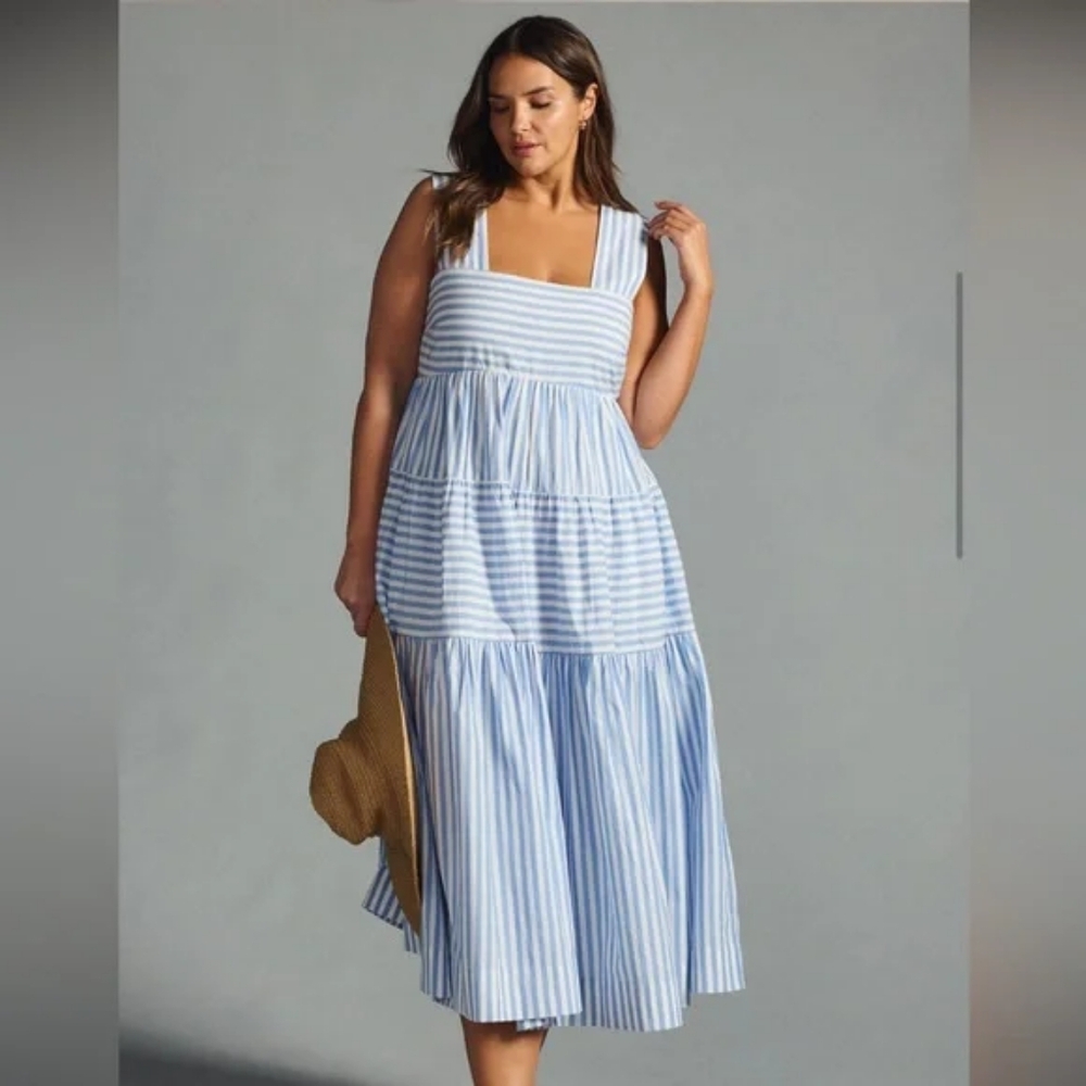 J Crew Women's Bohemian Sundress Striped Blue White Sleeveless Prarie Size M